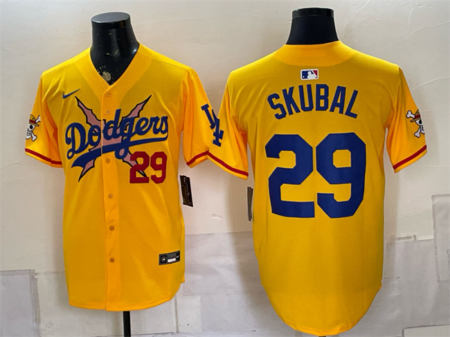 Men's Los Angeles Dodgers x One Piece #29 Tarik Skubal Yellow Vapor Premier Limited Stitched Baseball Jersey